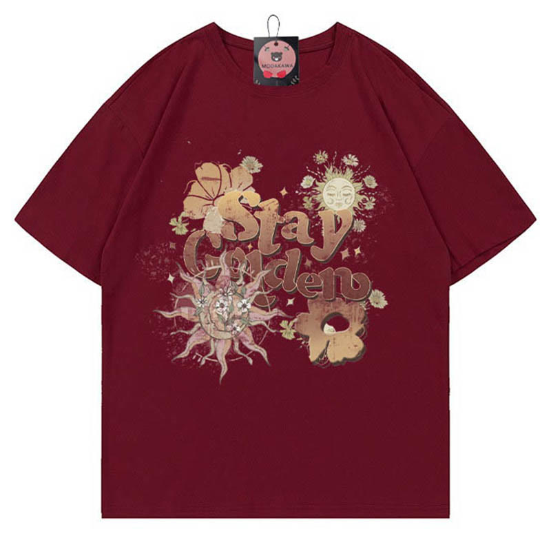STAY GOLDENサンフラワープリント100%綿ModakawaTシャツ - Wine Red - 5XL - image 2