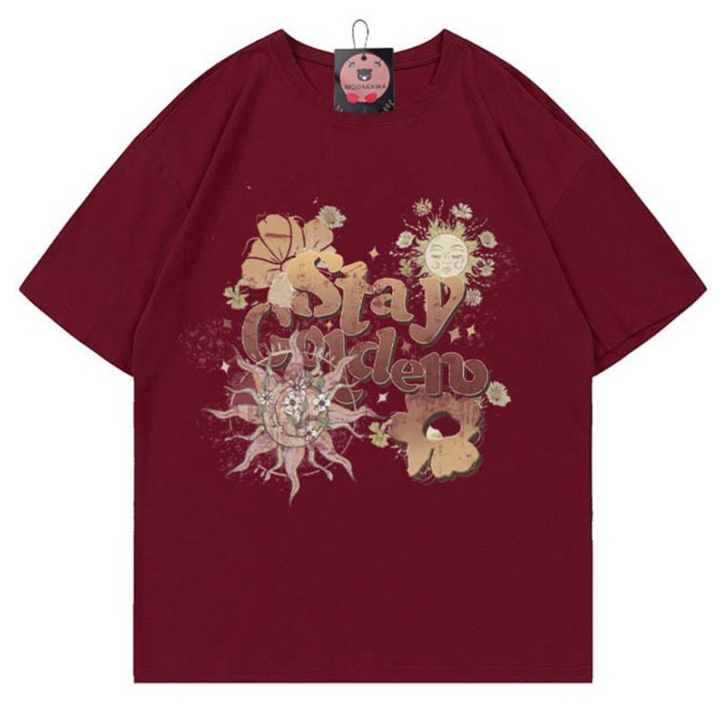 STAY GOLDENサンフラワープリント100%綿ModakawaTシャツ - Wine Red - 5XL - image 2