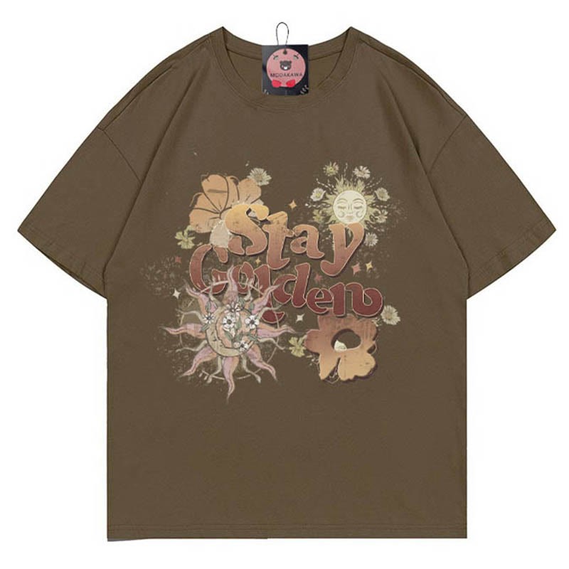 STAY GOLDENサンフラワープリント100%綿ModakawaTシャツ - Brown - 5XL - image 1