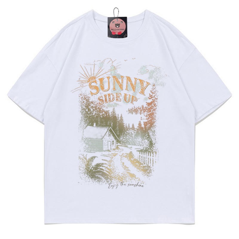 SUNNY SIDE UPハウスプリント100%綿ModakawaTシャツ - White - 5XL - image 3