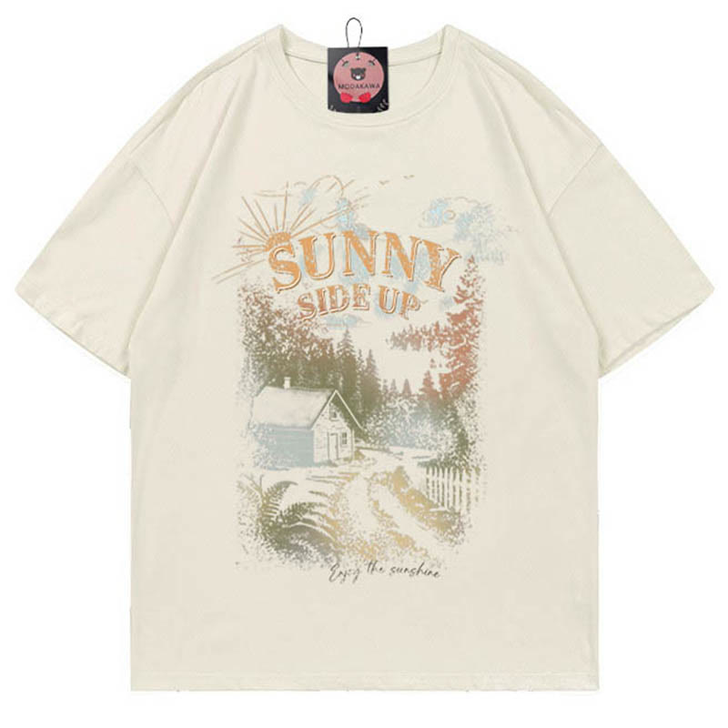 SUNNY SIDE UPハウスプリント100%綿ModakawaTシャツ - Beige - 5XL - image 1