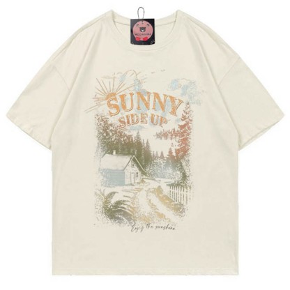 SUNNY SIDE UPハウスプリント100%綿ModakawaTシャツ - Beige - 5XL - image 1