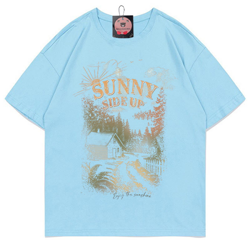SUNNY SIDE UPハウスプリント100%綿ModakawaTシャツ - Blue - 5XL - image 2