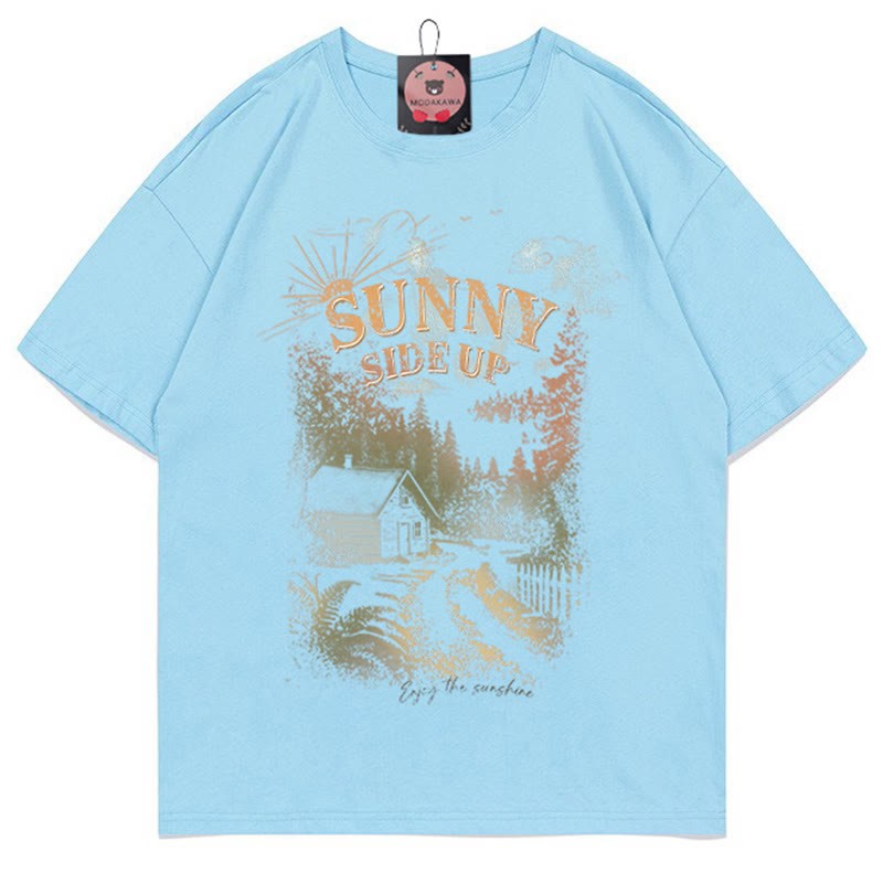 SUNNY SIDE UPハウスプリント100%綿ModakawaTシャツ - Blue - 5XL - image 2