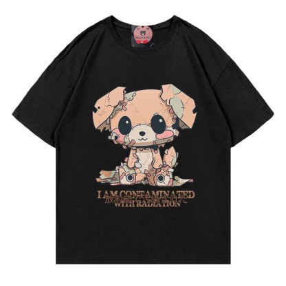 子犬の文字プリント100%綿ModakawaTシャツ - Black - 5XL - image 2