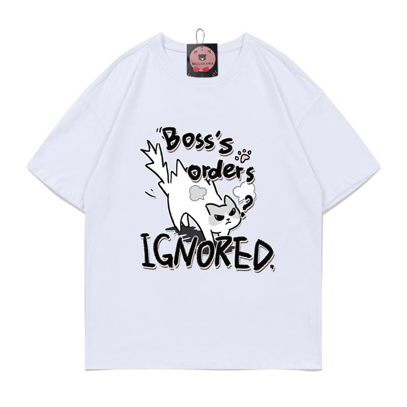 BOSS'S ORDERS IGNORED怒った猫プリントの100%綿ModakawaTシャツ - White - 5XL - image 1