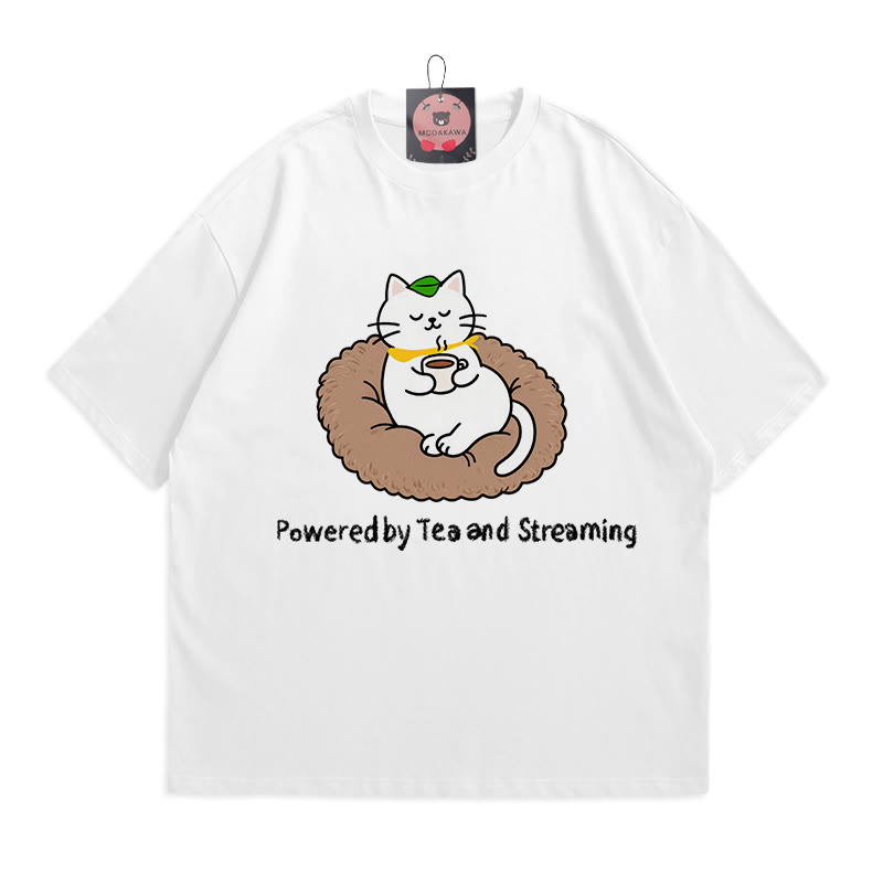 POWERED BY TEA AND STREAMINGキティプリント100%綿ModakawaTシャツ - White - 5XL - image 3