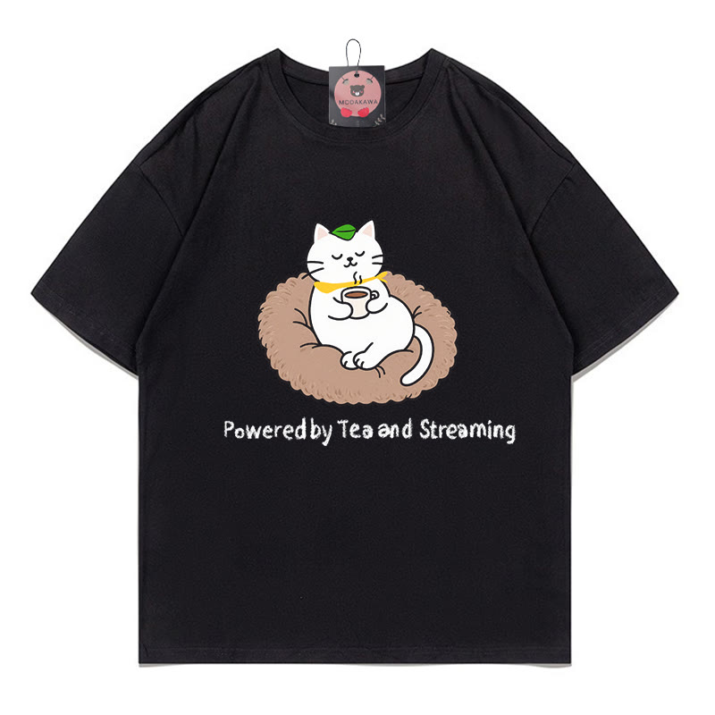POWERED BY TEA AND STREAMINGキティプリント100%綿ModakawaTシャツ - Black - 5XL - image 1