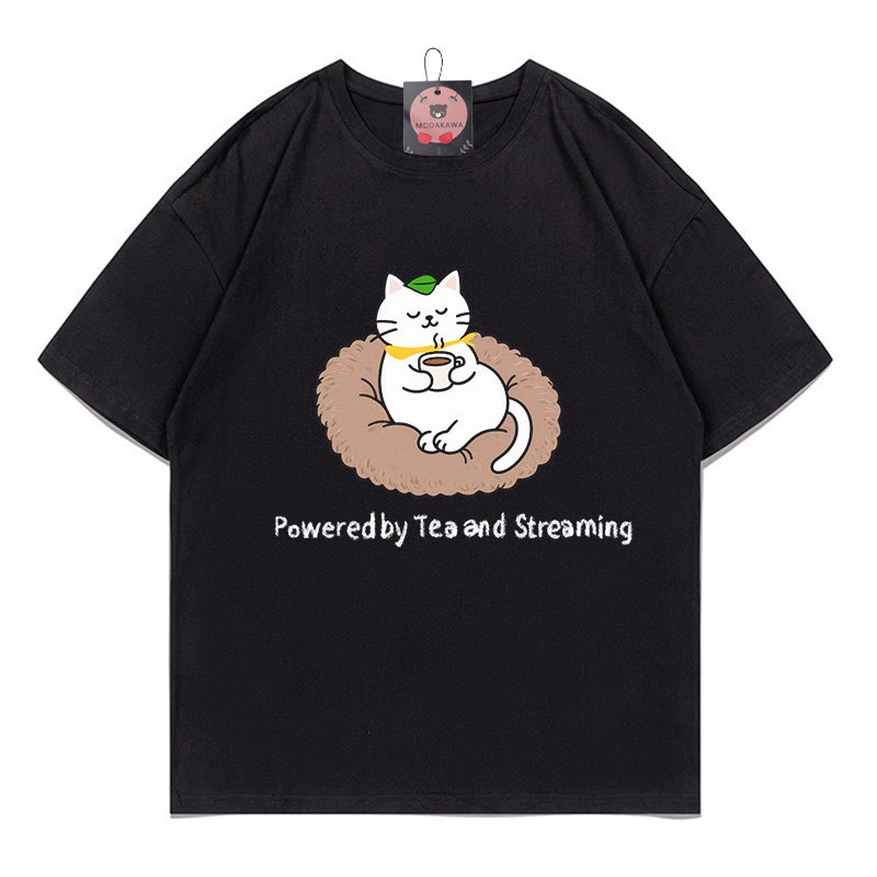 POWERED BY TEA AND STREAMINGキティプリント100%綿ModakawaTシャツ - Black - 5XL - image 1