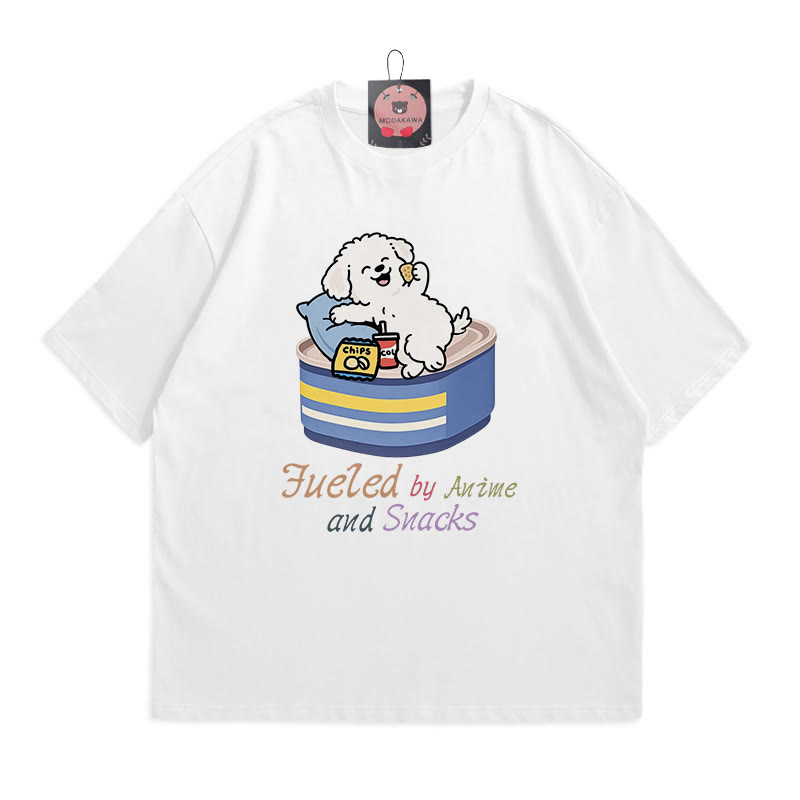 FUELED BY ANIME AND SNACKS子犬プリントの100%綿ModakawaTシャツ - White - 5XL - image 2