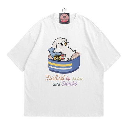 FUELED BY ANIME AND SNACKS子犬プリントの100%綿ModakawaTシャツ - White - 5XL - image 2