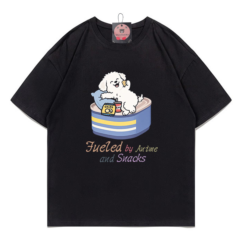 FUELED BY ANIME AND SNACKS子犬プリントの100%綿ModakawaTシャツ - Black - 5XL - image 1