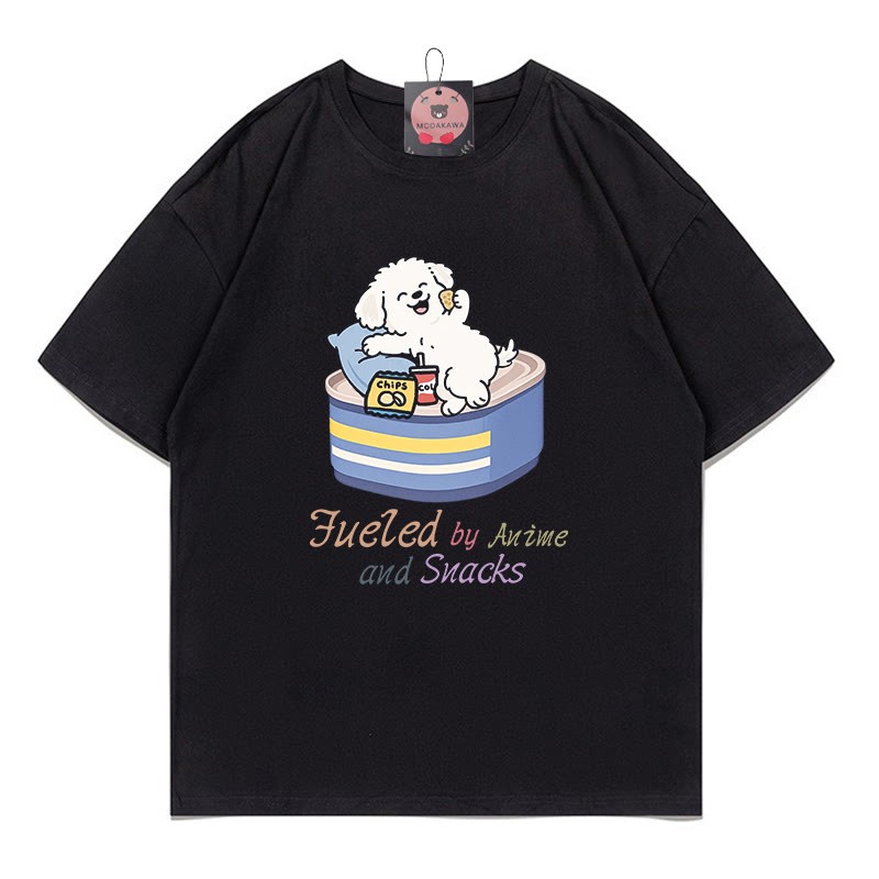 FUELED BY ANIME AND SNACKS子犬プリントの100%綿ModakawaTシャツ - Black - 5XL - image 1