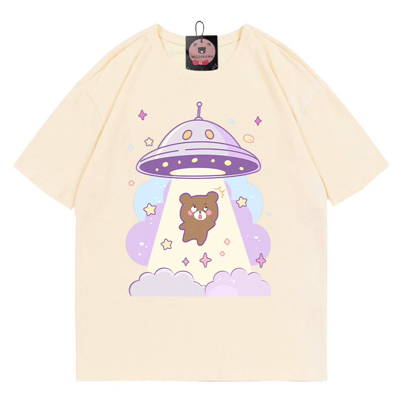 UFOベアプリント100%綿ModakawaTシャツ - Apricot - 5XL - image 1