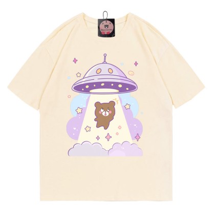 UFOベアプリント100%綿ModakawaTシャツ - Apricot - 5XL - image 1