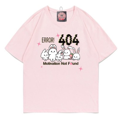 ERROR 404 MOTIVATION NOT FOUNDん バニープリント100%綿ModakawaTシャツ - Pink - 5XL - image 1