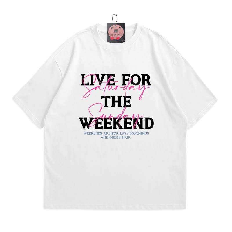 LIVE FOR THE WEEKENDプリント100%綿ModakawaTシャツ - White - 5XL - image 2