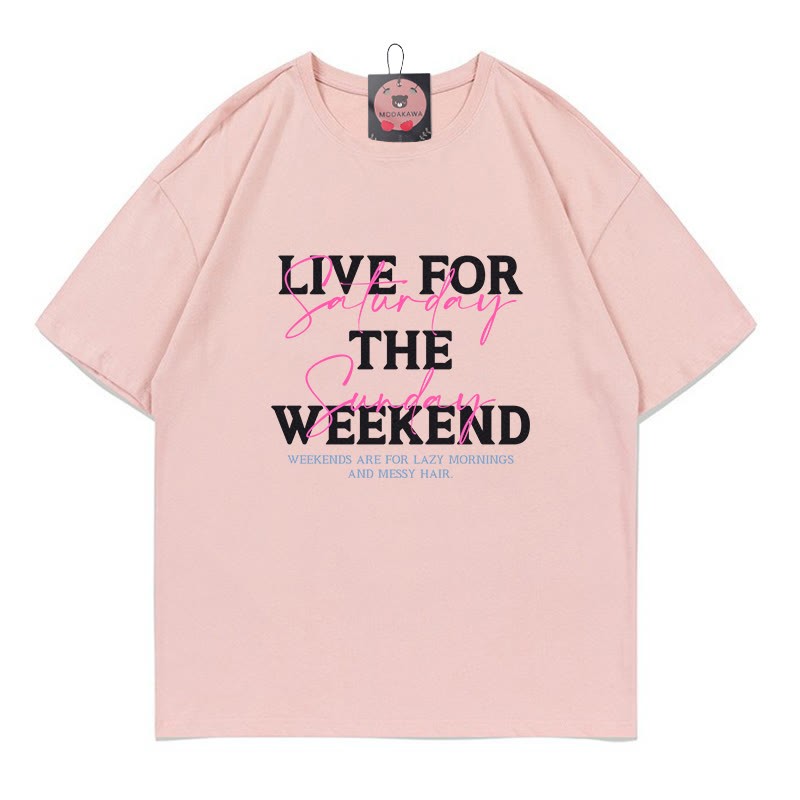 LIVE FOR THE WEEKENDプリント100%綿ModakawaTシャツ - Pink - 5XL - image 3