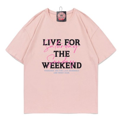 LIVE FOR THE WEEKENDプリント100%綿ModakawaTシャツ - Pink - 5XL - image 3