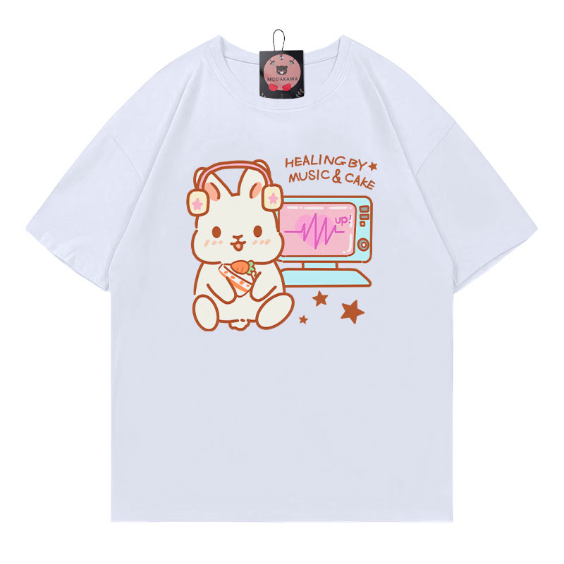 HEALING BY MUSIC CAKE バニープリント100%綿ModakawaTシャツ - White - 5XL - image 2