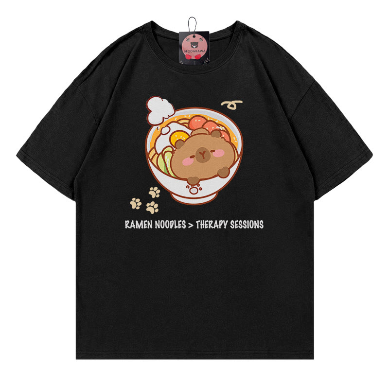 ラーメンヌードルセラピーセッション カピバラプリント100%綿ModakawaTシャツ - Black - 5XL - image 2