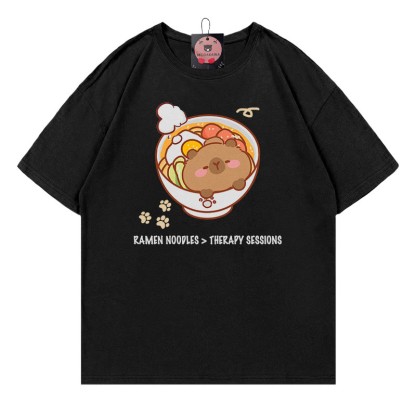ラーメンヌードルセラピーセッション カピバラプリント100%綿ModakawaTシャツ - Black - 5XL - image 2