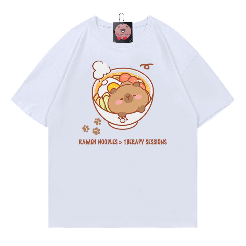 ラーメンヌードルセラピーセッション カピバラプリント100%綿ModakawaTシャツ - White - 5XL - image 1