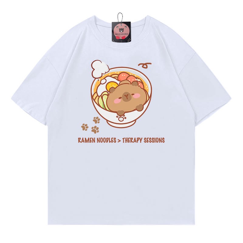 ラーメンヌードルセラピーセッション カピバラプリント100%綿ModakawaTシャツ - White - 5XL - image 1