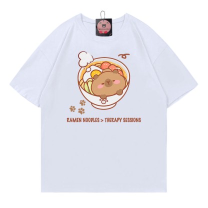 ラーメンヌードルセラピーセッション カピバラプリント100%綿ModakawaTシャツ - White - 5XL - image 1