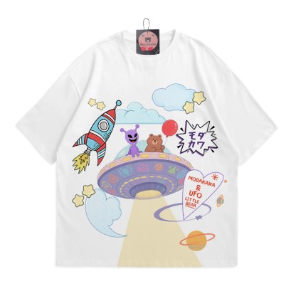 宇宙船エイリアンベアプリント100%綿ModakawaTシャツ - White - 5XL - image 4