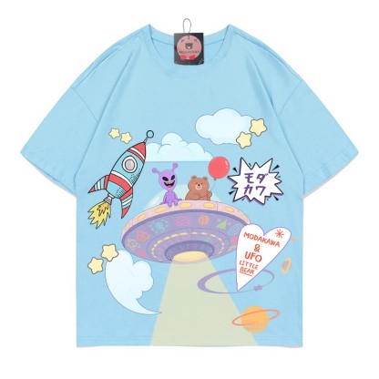 宇宙船エイリアンベアプリント100%綿ModakawaTシャツ - Blue - 5XL - image 1