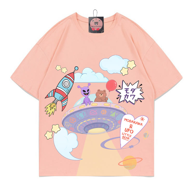 宇宙船エイリアンベアプリント100%綿ModakawaTシャツ - Peach - 5XL - image 2