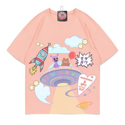 宇宙船エイリアンベアプリント100%綿ModakawaTシャツ - Peach - 5XL - image 2