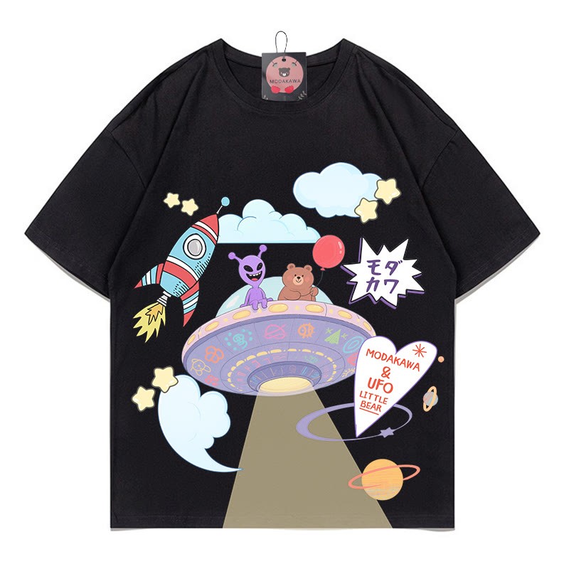 宇宙船エイリアンベアプリント100%綿ModakawaTシャツ - Black - 5XL - image 3