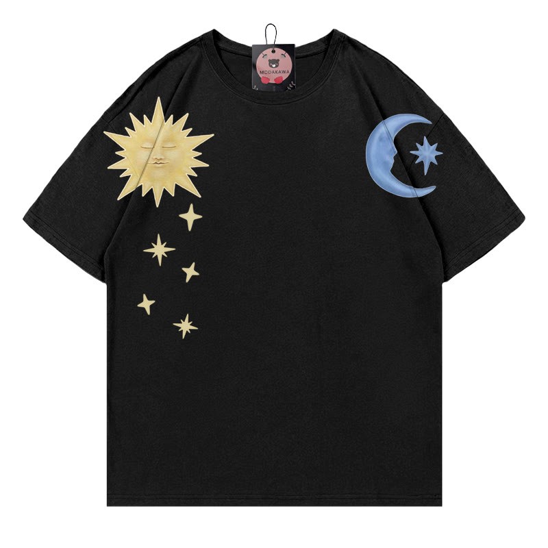 サンムーンプリント100%綿ModakawaTシャツ - Black - 5XL - image 2