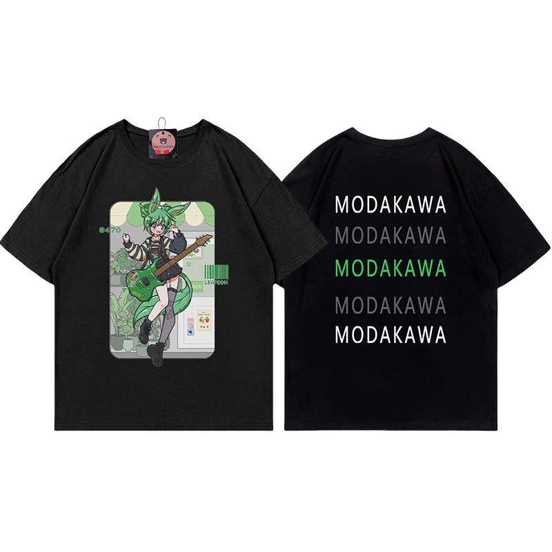MODAKAWA X airii.exeギターガール レタープリント100%綿Tシャツ - Black - 5XL - image 4