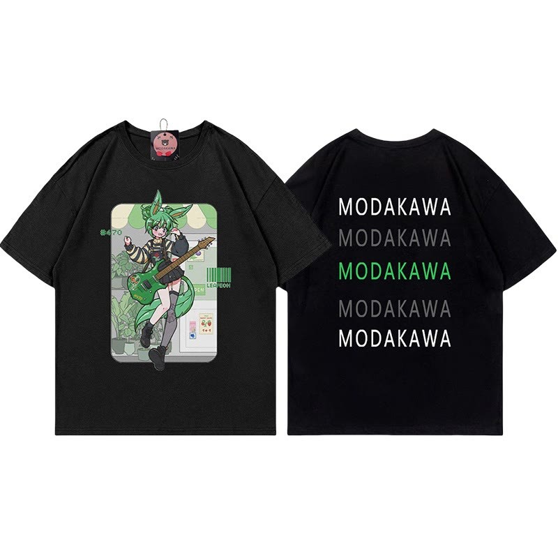 MODAKAWA X airii.exeギターガール レタープリント100%綿Tシャツ - Black - 5XL - image 4