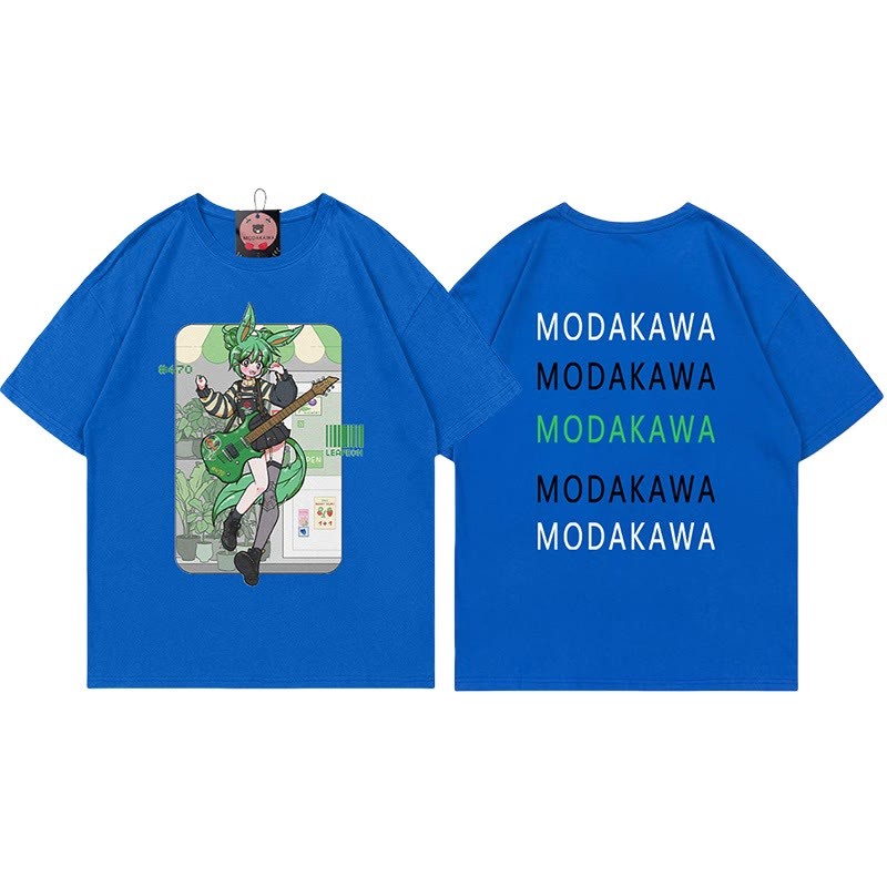 MODAKAWA X airii.exeギターガール レタープリント100%綿Tシャツ - Royal Blue - 5XL - image 2