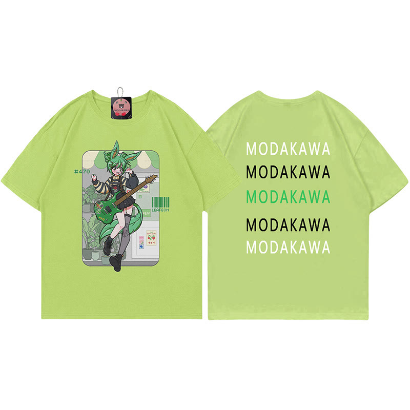 MODAKAWA X airii.exeギターガール レタープリント100%綿Tシャツ - Green - 5XL - image 3