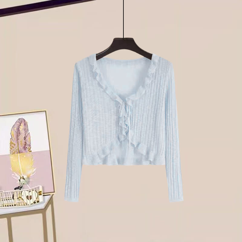 ブルーのレースアップカーディガンとフリルのスリップドレスのマッチングアウトフィット - Cardigan - 3XL - image 2