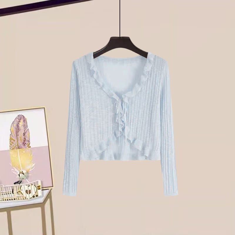 ブルーのレースアップカーディガンとフリルのスリップドレスのマッチングアウトフィット - Cardigan - 3XL - image 2