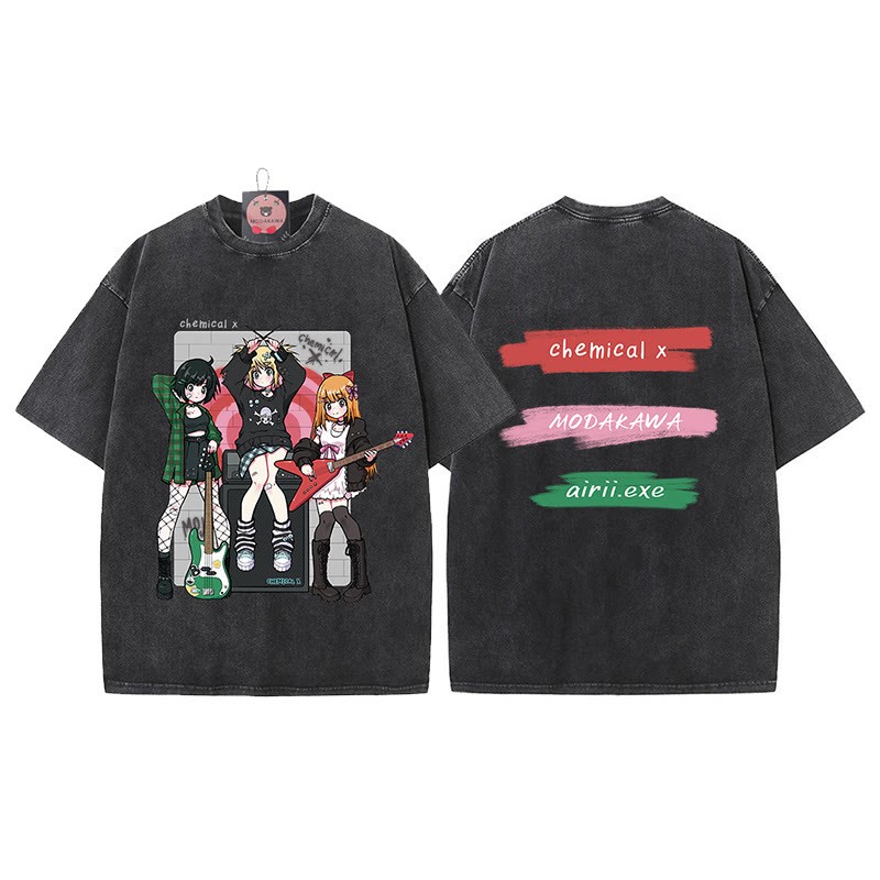 MODAKAWA X airii.exeギターガールレタープリント ヴィンテージウォッシュ加工100%綿ModakawaTシャツ - Black - 5XL - image 1