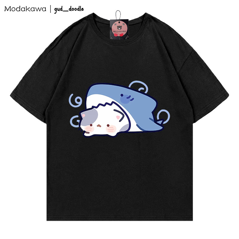 Modakawa x gud_doodleシャークキティプリント100%綿Modakawa Tシャツ - Black - 5XL - image 3