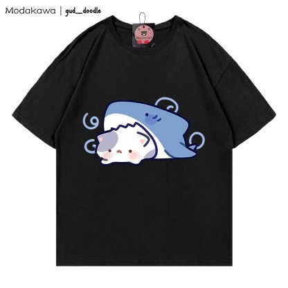 Modakawa x gud_doodleシャークキティプリント100%綿Modakawa Tシャツ - Black - 5XL - image 3
