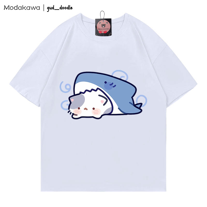 Modakawa x gud_doodleシャークキティプリント100%綿Modakawa Tシャツ - White - 5XL - image 1