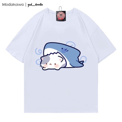 Modakawa x gud_doodleシャークキティプリント100%綿Modakawa Tシャツ - White - 5XL - image 1