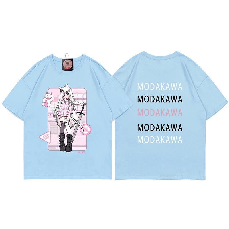 MODAKAWA X airii.exeキティガールレタープリント100%綿Tシャツ - Blue - 5XL - image 8