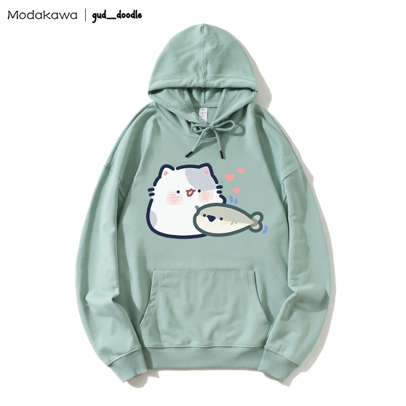 MODAKAWA X gud_doodleキティフィッシュプリント ルーズパーカー - Green - 5XL - image 1