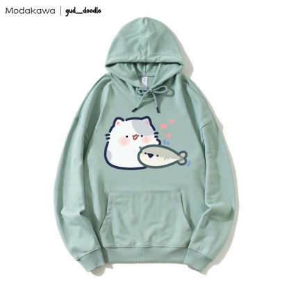 MODAKAWA X gud_doodleキティフィッシュプリント ルーズパーカー - Green - 5XL - image 1