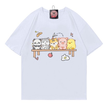 動物たちが一列に並んで座っているプリントのModakawaTシャツ - White - 5XL - image 2